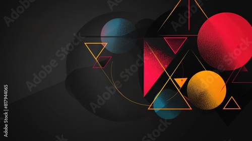 creative colorful geometric shape triangle circle and line with print grungy texture, minimal modern trend design elements  color on black abstract background, banner , flyers design, Generative Ai