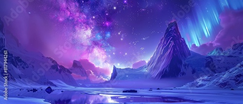A breathtaking fantasy landscape depicting towering mountains under a vibrant  star-filled cosmic sky reflecting on a serene icy lake