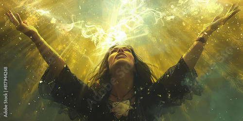 A Wiccan priestess raises her arms to the sky, summoning the elements and harnessing their power.