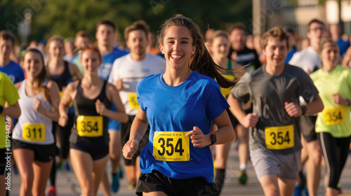 An attractive woman was running in the street with other runners during an open road race  wearing black shorts and a blue t-shirt