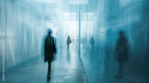 Minimalist Architecture with Hard Forms and Cubic Shapes: Studio Lighting Enhances Motion Blur of People Walking in Blue and White Tones - Contemporary and Elegant Urban Design Generative ai