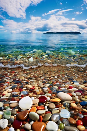 Colorful pebbles on the seashore. Nature composition.