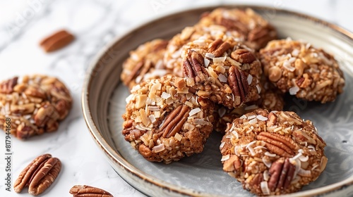 Pecan praline coconut snacks with a white setting that perfectly depicts the alluring sense of nuts and coconut granule encased over a spherical  platter and space  Generative AI.