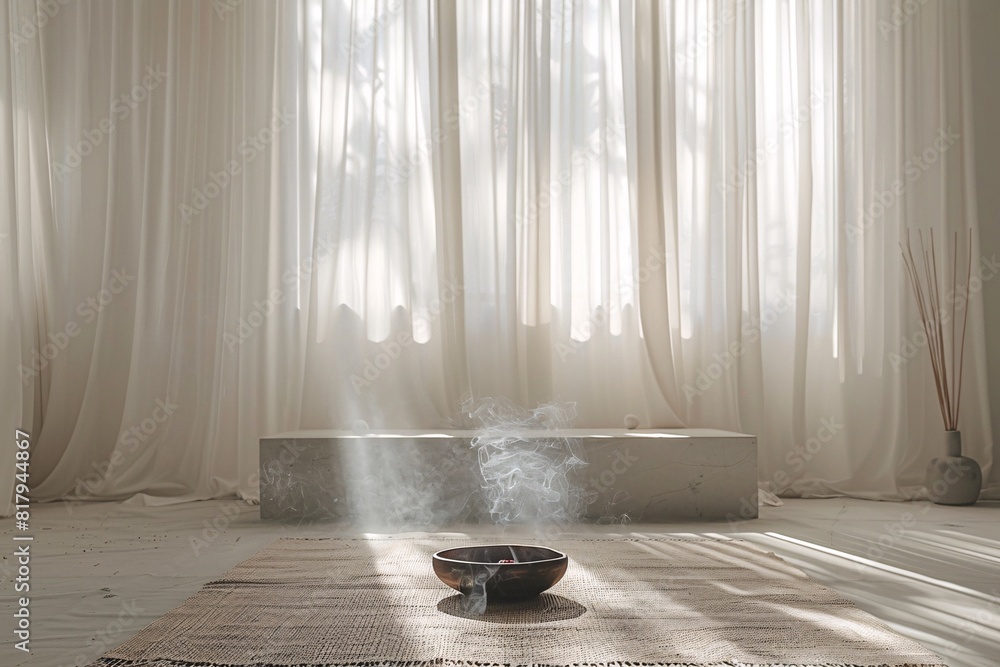 A white room with a bowl of smoke in the middle A white room with a bowl of smoke in the middle