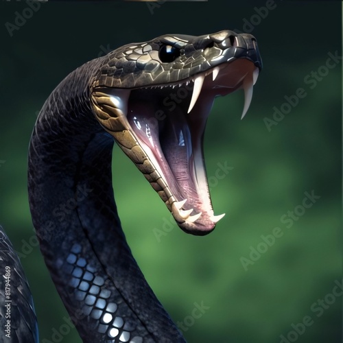 3D render of a black japanese cobra with open mouth © Hawk