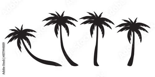 Black palm trees silhouettes set isolated on white background. Tropical palm trees set, Palm silhouettes. Design of palm trees for posters, banners and promotional items. Vector illustration,