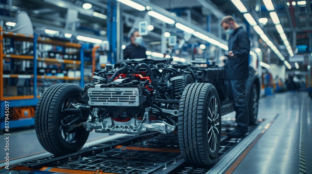 A man is standing next to a car in a factory A man is standing next to a car in a factory