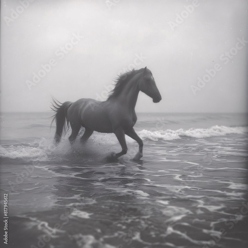 Horse in the sea on a foggy day. Black and white photo.