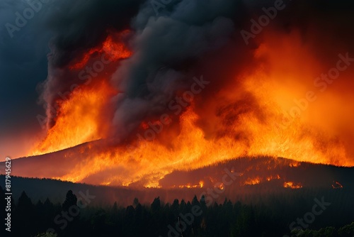 Extensive wildfires raging through national parks and forests. Firefighters battling a large fire. Burning trees.