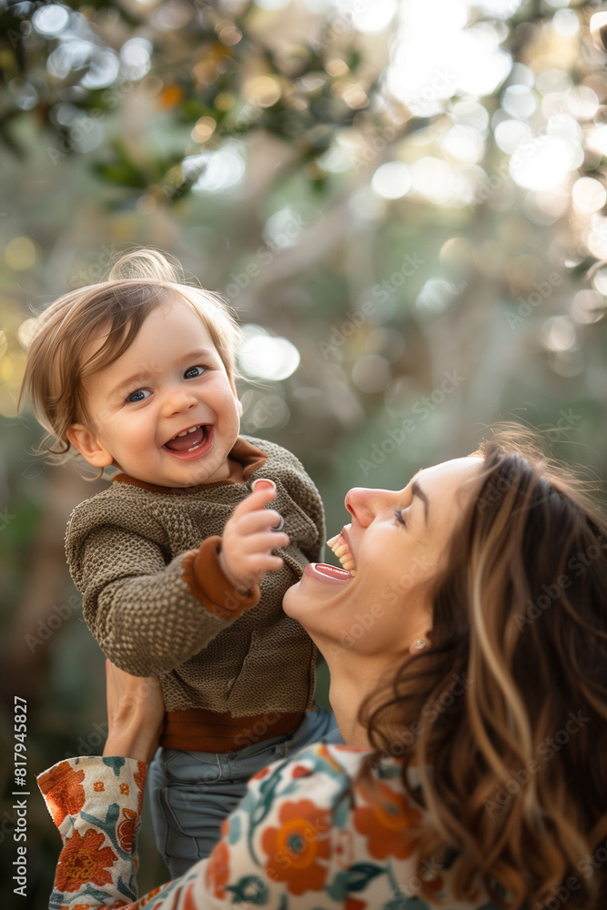 Adult caucasian woman in nature hold up in the air son toddler Adult caucasian woman in nature hold up in the air son toddler
