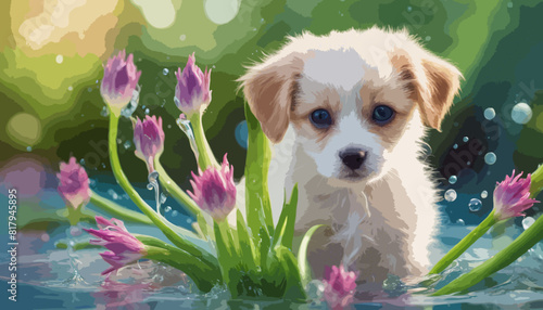 Ein süßer, kleiner Welpe im heimischen Garten. Vektor - Illustration