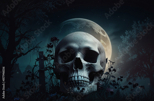 A gloomy night with a big moon  a skull and flowers.