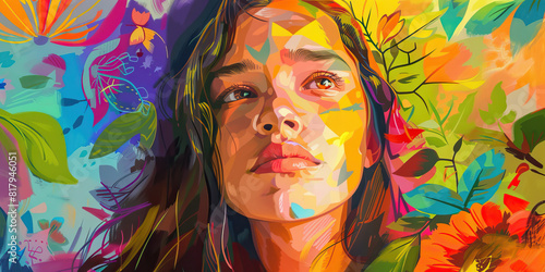 A vibrant painting of a young woman's journey through addiction, with symbols of hope and renewal in the background. 