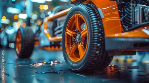 A close up of an orange car tire photo