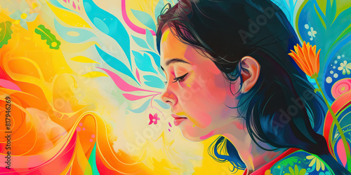 A vibrant painting of a young woman s journey through addiction  with symbols of hope and renewal in the background. 