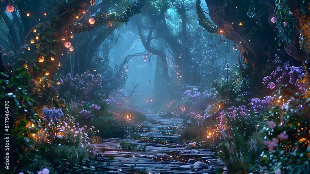 Enchanting Woodland Path Alive with Magical Illumination and Lush Foliage in a Tranquil Fantasy Landscape Enchanting Woodland Path Alive with Magical Illumination and Lush Foliage in a Tranquil Fantasy Landscape
