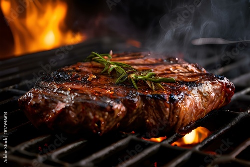 Juicy grilled steak on the grill pan, with smoke and fire on the background.
