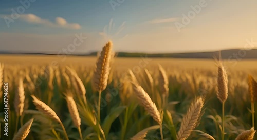 Golden wheat field in sunny day, Photo of wheat grains in field with copy space photo