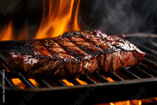 Juicy grilled steak on the grill pan, with smoke and fire on the background.