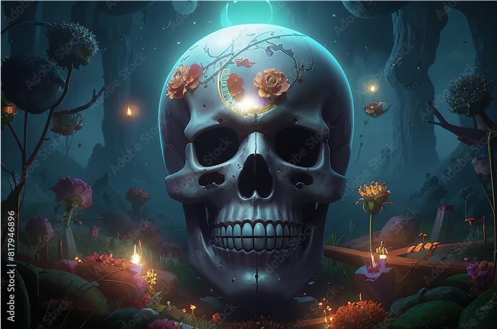 A gloomy night with a big moon, a skull and flowers. A gloomy night with a big moon, a skull and flowers.