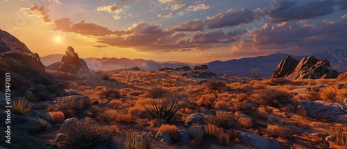 A rugged arid landscape at sunset the sky
