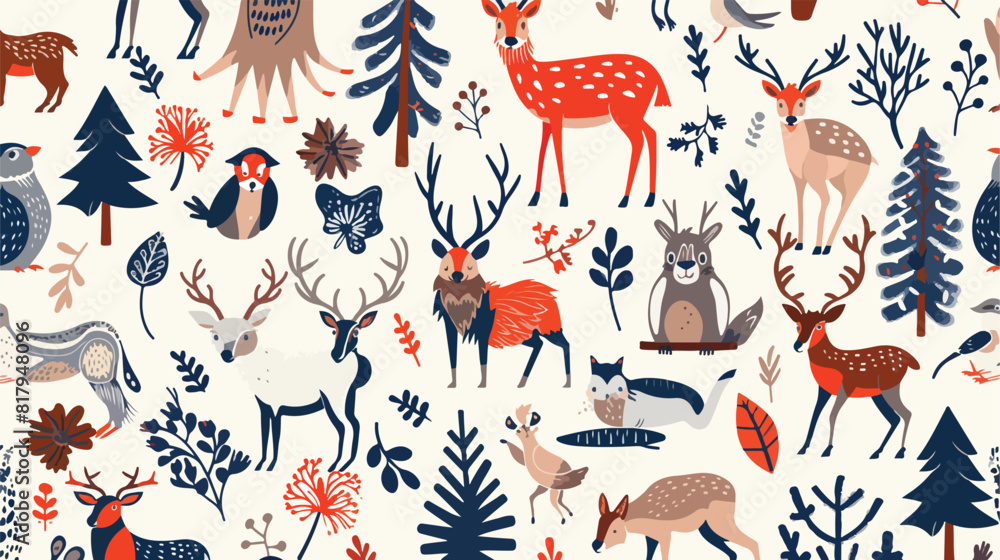 Seamless pattern forest animals repeating print. Wild