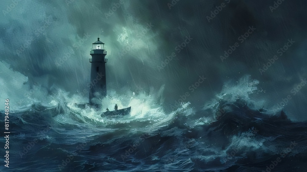 Lighthouse in stormy sea. 3D rendering. Computer digital drawing.