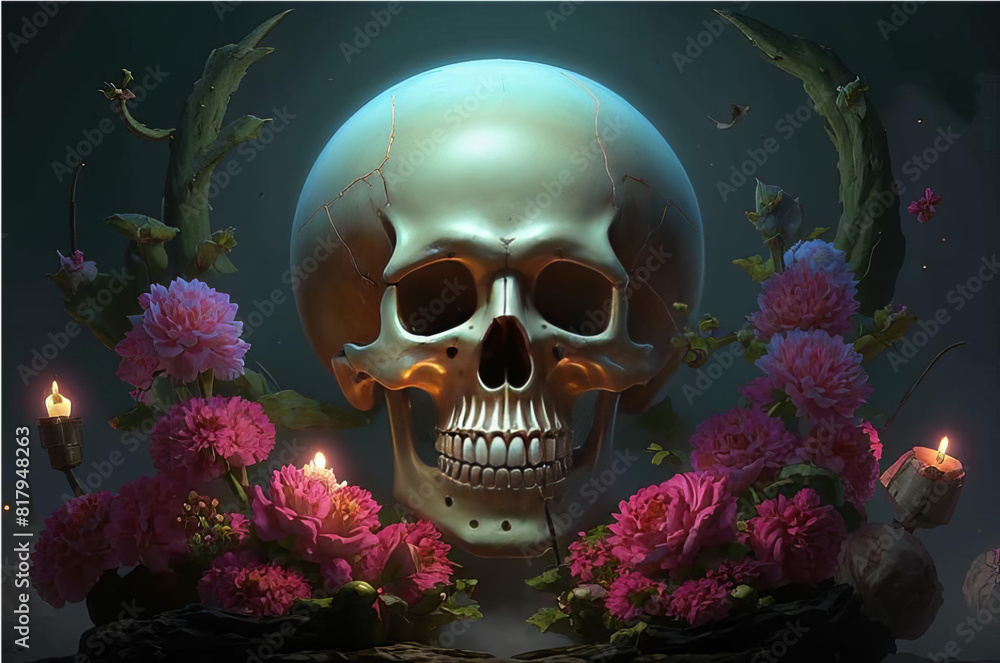 A gloomy night with a big moon, a skull and flowers. A gloomy night with a big moon, a skull and flowers.