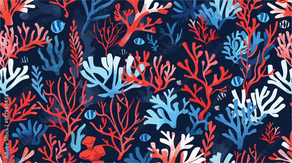 Seamless pattern with blue and red corals seaweed or