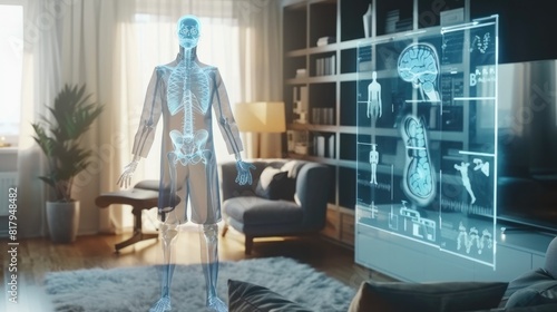Home Telemedicine: Virtual Reality Doctor Examination with 3D Holographic Physician and Medical Equipment in Living Room
 photo