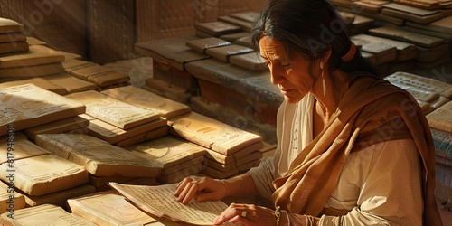 A Sumerian scribe, carefully translating ancient clay tablets in the temple of knowledge photo