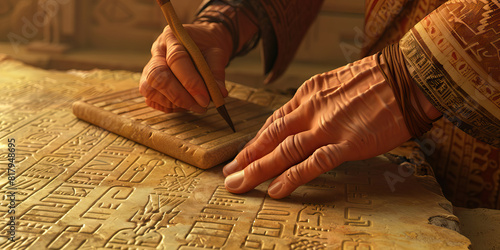 A Sumerian scribe, carefully translating ancient clay tablets in the temple of knowledge photo