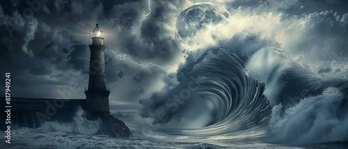 Surreal depiction of an oversized ocean wave