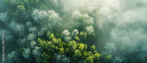 Top view of a sprawling young forest in spring