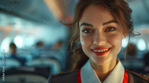 A female flight attendant in uniform smiles inside an airplane © Pavel Kachanau