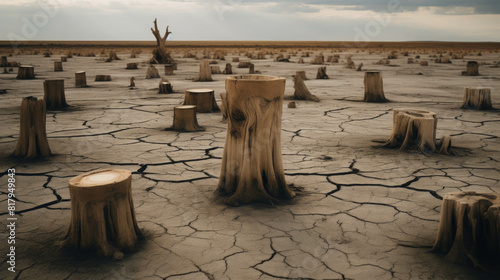 A barren landscape of tree stumps in cracked earth with a single dead tree in the distance. photo
