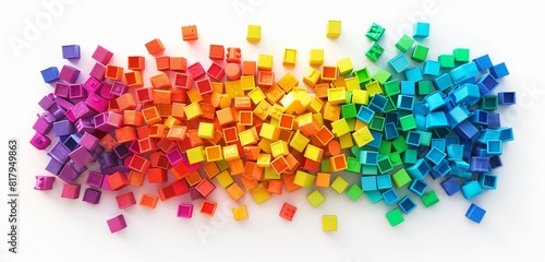 Abstract background, top view of wide pile various colorful rainbow colored stackable plastic toy bricks isolated on white  photo