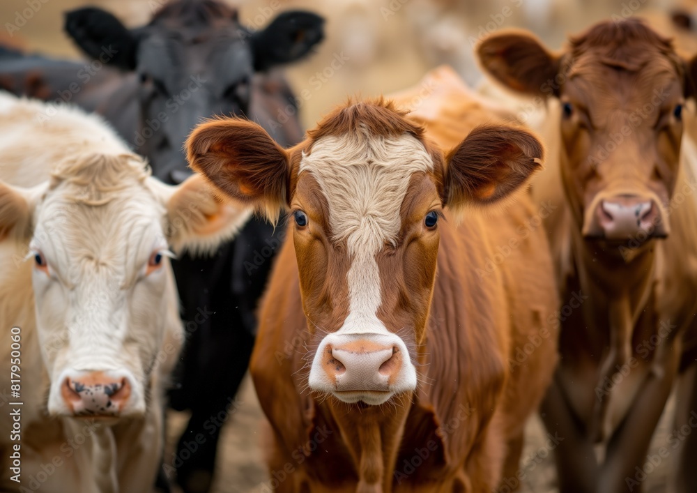Herd of Cattle on the Farm: Brown and Black Cows Looking Curious Herd of Cattle on the Farm: Brown and Black Cows Looking Curious