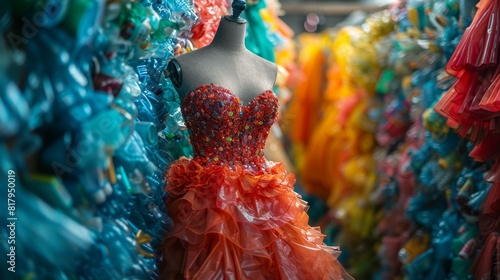 eco-friendly fashion showcased with a plastic fabric dress on a mannequin, promoting sustainability in clothing design photo