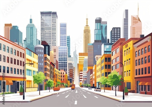 Vibrant Illustration of Busy Urban Cityscape with Skyscrapers and Traffic © Qstock