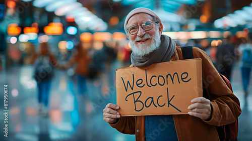 Concept of warm aiport greeting with a smiling senior with welcome back sign. photo
