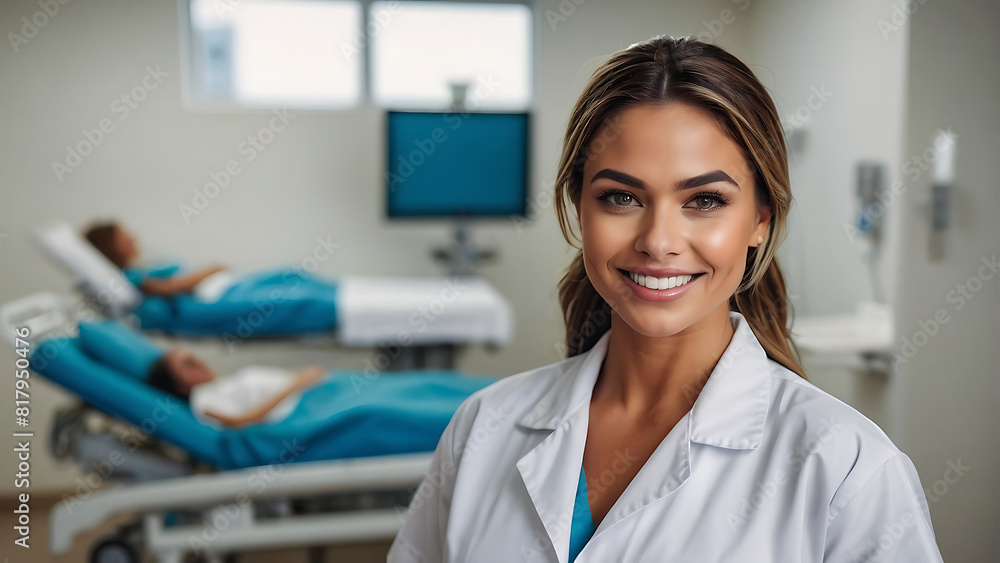 Smiling Female Doctor in White Coat at Medical Clinic Smiling Female Doctor in White Coat at Medical Clinic