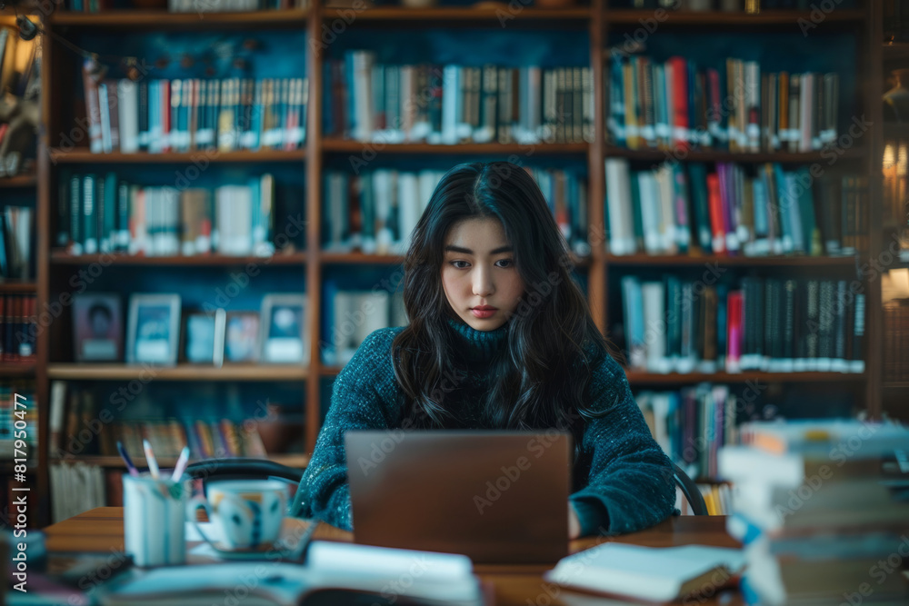 Focused Student Studying in Cozy Library Focused Student Studying in Cozy Library
