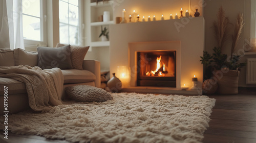 cozy living room with fireplace, warm ambiance, soft rug, modern decor, with copy space