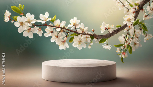 podium with product, adorned by spring flowering branch, symbolizing growth & nature in marketing display