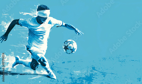 goalball banner.  blind football player runs after the ball, blue and white colors, minimalism, illustration with copy space. photo