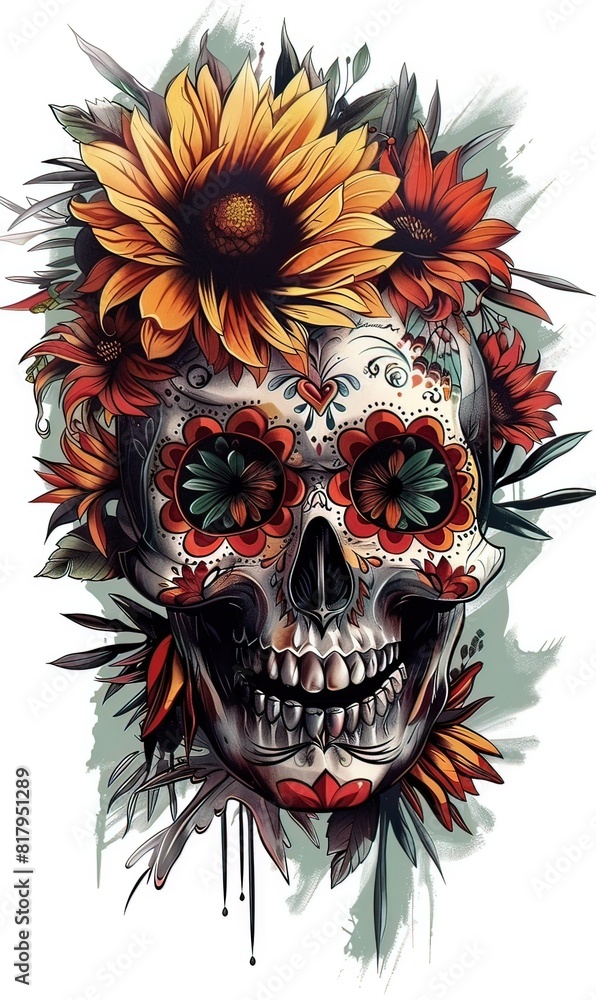 AI teschio con fiori, messicano disegno per tatuaggio 03 AI teschio con fiori, messicano disegno per tatuaggio 03