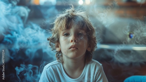 Thoughtful boy sitting in room filled with smoke showing introspection and mental state