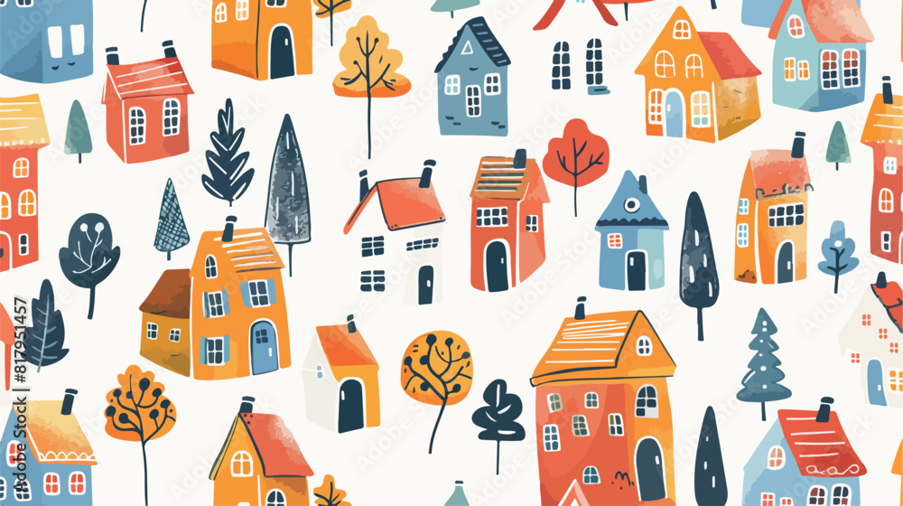 Seamless Scandinavian town pattern. Endless background