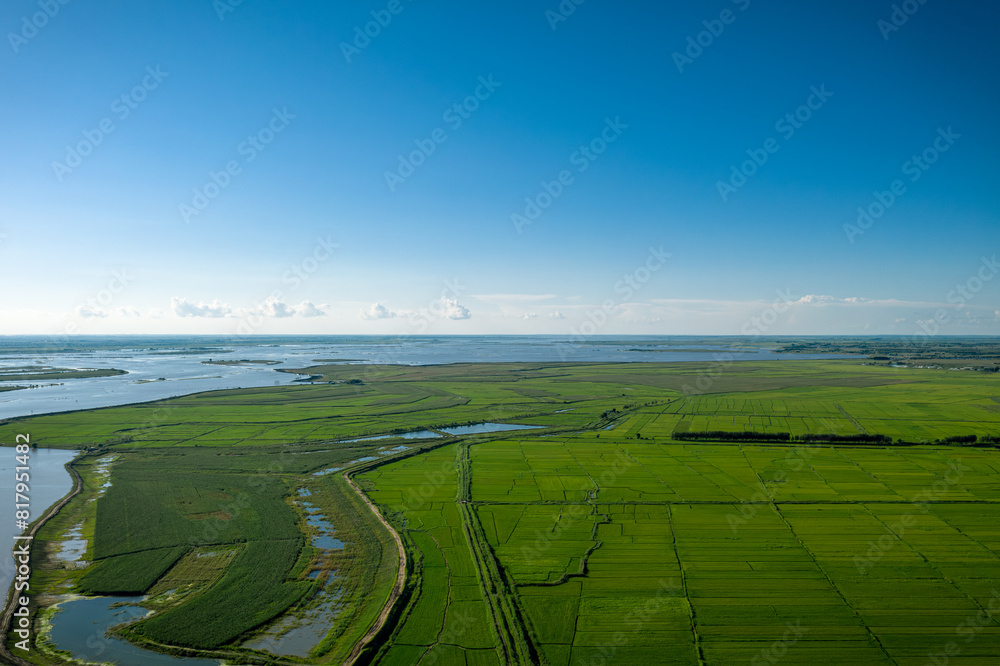 Aerial photography of rice fields and villages along the Nen River in Daqing City